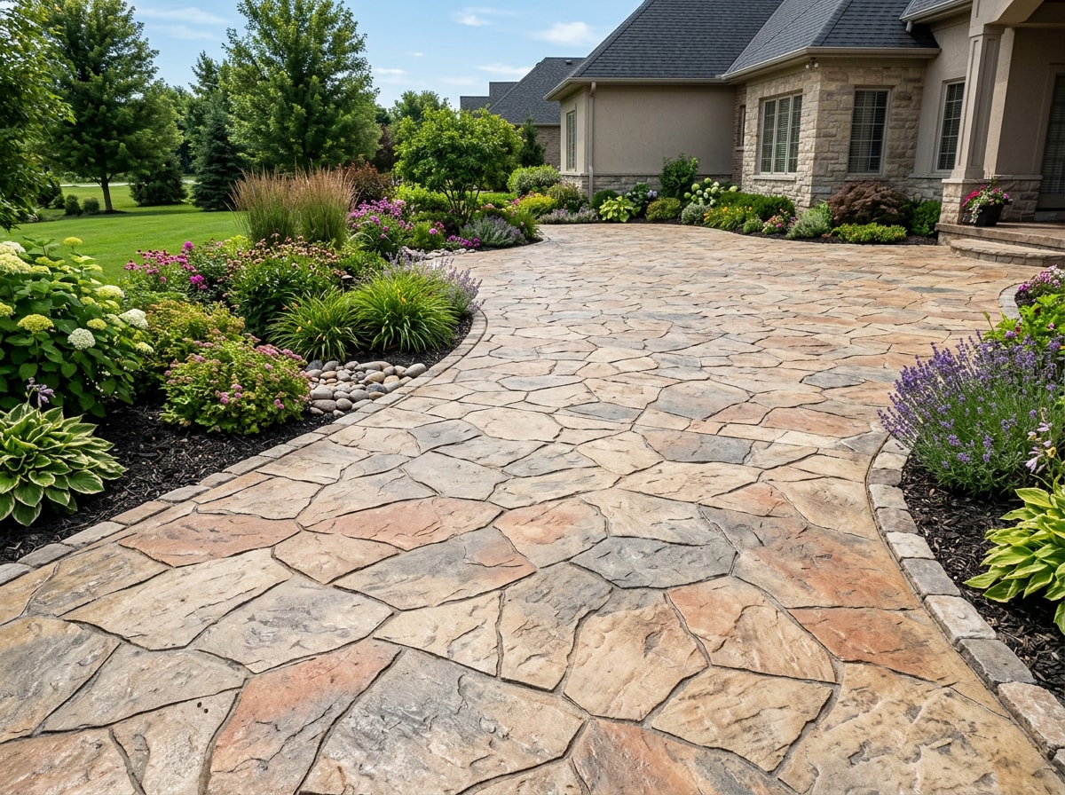 Stamped concrete patio with a stone-pattern finish and border