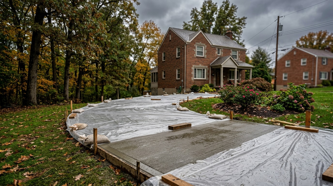 Freshly poured wet concrete driveway curing under cloudy sky in Sewickley, PA