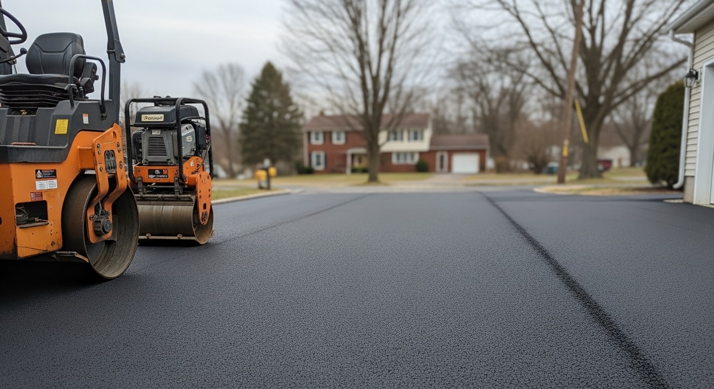 Professional asphalt paving crew working on driveway installation