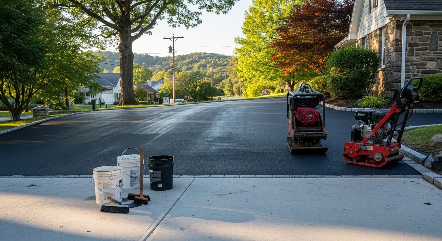 Asphalt paving equipment finishing a newly paved surface