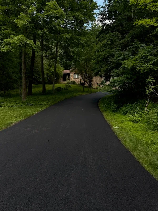 Black asphalt driveway curving through wooded area with green lawn and stone house visible