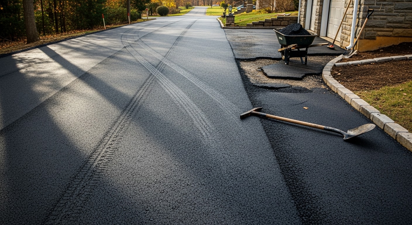 Freshly replaced asphalt driveway at a residential property in Allison Park, PA, showing a smooth, dark surface with clean edges. The driveway runs up a slight grade typical of Allegheny County homes, with no visible cracking or surface damage.