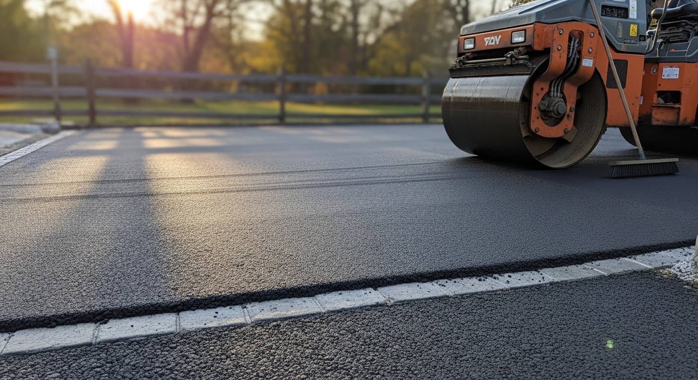 Freshly resurfaced asphalt driveway at a residential property in Allison Park, PA, showing a smooth, dark surface with clean edges. A Johnny's Asphalt crew member operates a compaction roller to finish the new pavement layer.