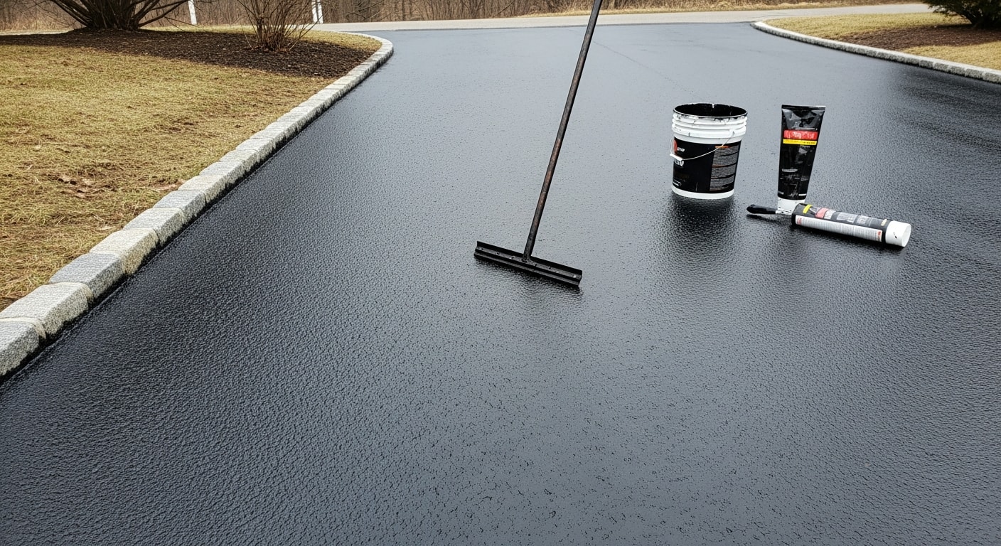 A freshly seal-coated residential driveway in Allison Park, PA showing a smooth, dark black surface with clean edges. A single-family home sits in the background, typical of the Allegheny County neighborhood setting.
