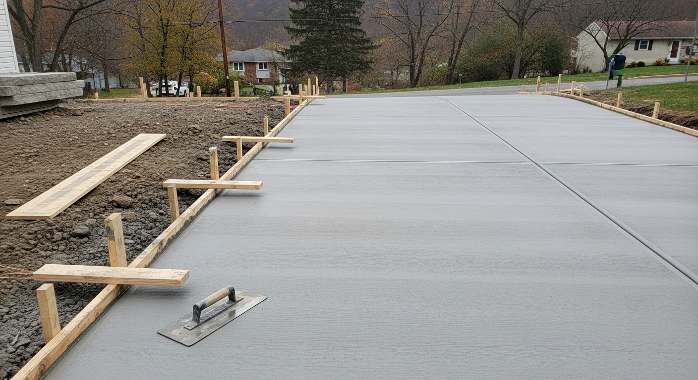 Freshly finished concrete driveway at a residential property in Allison Park, PA, showing a smooth brushed surface with clean edges and proper slope away from the garage. Johnny's Asphalt paving contractor completed the pour and finishing work for a North Hills homeowner.