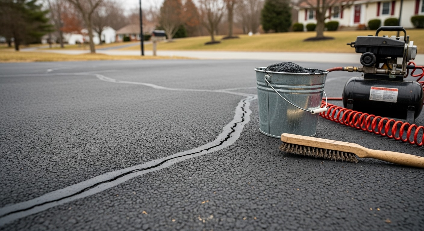 Close-up view of a residential asphalt driveway in Allison Park, PA with cracks cleaned and filled by a paving contractor. The sealed surface shows a uniform, dark finish with no open gaps or vegetation growth.