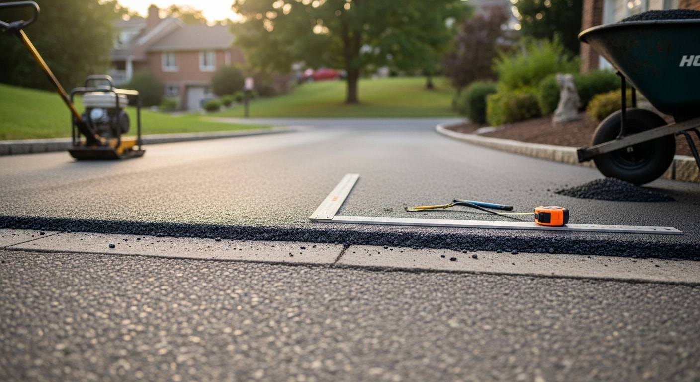 Freshly paved asphalt driveway expansion at a residential property in Allison Park, PA, showing a widened parking bay with clean compacted edges adjoining the existing driveway surface. The expanded section sits level with the original asphalt and slopes slightly toward the street for drainage.