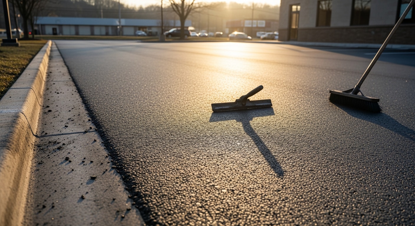 Freshly resurfaced commercial parking lot in Allison Park, PA with smooth black asphalt and clean lot lines. Johnny's Asphalt asphalt contractor crew completing a parking lot overlay for a local business property.
