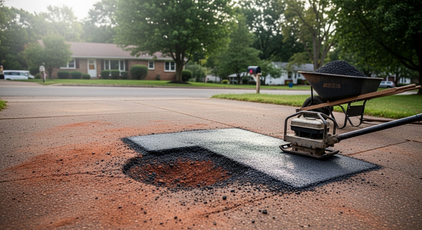 A freshly patched asphalt pothole on a residential driveway in Allison Park, PA, with compacted dark asphalt flush with the surrounding surface. The repair sits on a sloped suburban driveway typical of the Allegheny County area.