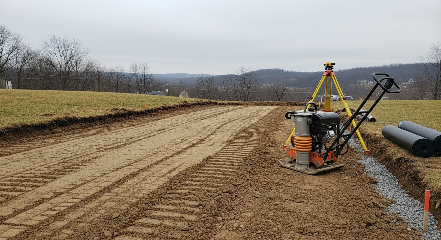 A graded and compacted dirt surface ready for asphalt paving on a residential property in Allison Park, PA. Heavy equipment has leveled and prepared the ground, with clear slope lines visible for drainage.